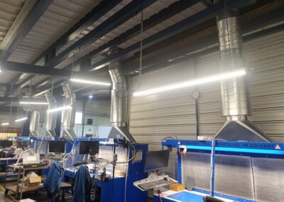 Tables à aspiration horizontale avec réseau de gaines galvanisées en atelier aéronautique